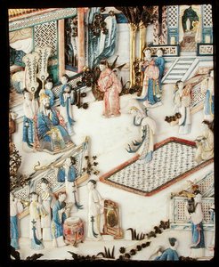 Detalje fra et panel, der forestiller en dignitær, der ser på en kvindelig danser, Qianlong-periode af School Chinese