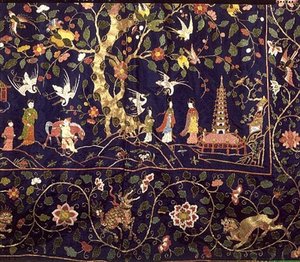 Broderet vægtæppe fra statssengen på Calke Abbey, begyndelsen af det 18. århundrede (detalje) (broderi af farvet silke og guldtråd) af School Chinese