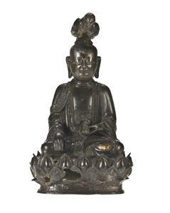Figur af Guanyin, den kinesiske gudinde for barmhjertighed, siddende på en lotusdesignet base med en ravn på sit hoved og en kanin i sin venstre hånd af School Chinese