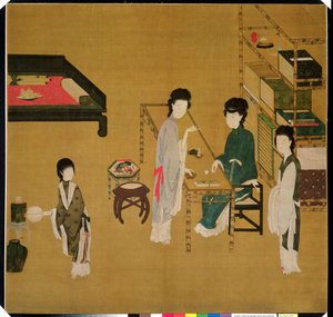 Interiørscene, slutningen af det 18. eller 19. århundrede (kinesisk sort blæk & stærkt påførte pigmenter på silke) af School Chinese