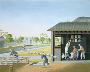 Fremstilling af porcelæn, Kina, ca. 1820 (gouache på papir) af School Chinese