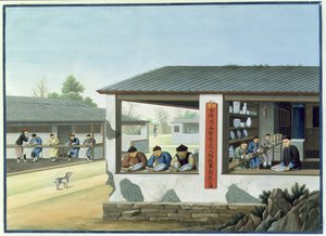 Manufacture of Porcelain, Decorating in Blue (gouache og akvarel på papir) af School Chinese