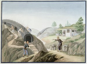 Fremstilling af porcelæn: Firing the Dragon Kiln (akvarel og gouache på papir) af School Chinese