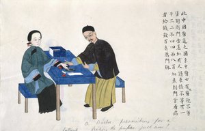 Eller 11539 fol.89v At tage en puls, fra et album med scener fra livet i Kina (akvarel på papir) af School Chinese