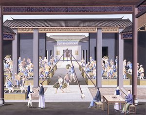 Pounding the Tea, ca. 1800 (gouache-tegninger på kraftigt indfødt papir) af School Chinese