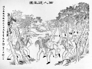 Boxer Rebellion: Europæere kæmper mod bokserne. Illustration offentliggjort i Shanghai Journal Toung-Ouen-Hou-Pao.1899 ca. af School Chinese