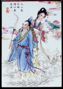 Summer Allegory En kvinde, der holder en liljeblomst, og en mand, der holder en røgelsesring, går gennem sprayen. Maleri på anonymt porcelæn. 1700-tallets privatsamling af School Chinese