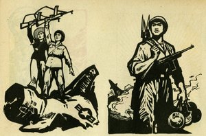 Vietnamesiske kommunister som sejrherrer over USA. Illustration de propagande, i "Manuel pour bien dessiner", Pekin af School Chinese