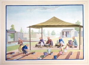 Arbejdere, der påfører glasur, ca. 1825 (gouache på papir) af School Chinese