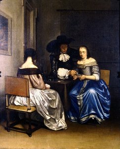 Interiørscene med kortspillere (olie på lærred)