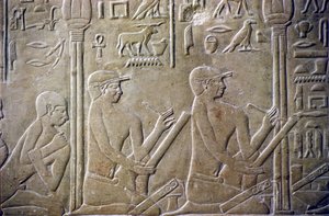 Det gamle Egypten, Relief/udskæring, Merereukas grav, Merereukas mastaba, 6. dynasti, Saqqara, Landsbyældste tvunget til at indrømme deres fejlbehæftede selvangivelser over for embedsmænd (foto) af School Egyptian