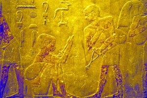 Det gamle Egypten, Vægudskæring/-maleri, Mastaba/Tomb of Ti, Saqqara, 5. dynasti, Handel med varer på marked (foto) af School Egyptian