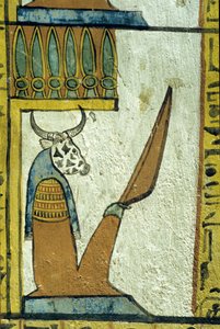 Det gamle Egypten, Vægmaleri, Underverdenens gud med kohoved, Sennedjems grav, Theben, Deir el Medina af School Egyptian