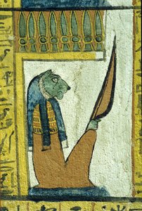Det gamle Egypten, Vægmaleri, Underverdenens gud med løvehoved, Sennedjems grav, Theben, Deir el Medina af School Egyptian