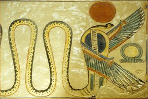 Det gamle Egypten, Vægmaleri, Amon hir Khopshefs grav, Uraeus og bevingede slanger vogter indgangen til gravkammeret, 20. dynasti, Dronningernes Dal (foto) af School Egyptian