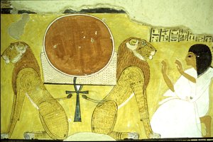 Det gamle Egypten, vægmaleri Inherkaus grav, Theben, Inherkaus tilbedelse af to løver, nutidens og morgendagens vogtere, 20. dynasti (foto) af School Egyptian