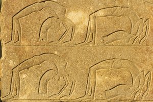 Det gamle Egypten, Vægmaleri/udskæring, Kvindelige akrobater optræder, Karnak-templet, Luxor (foto) af School Egyptian