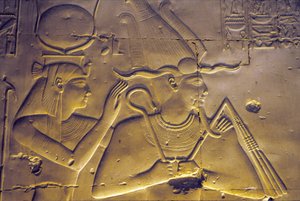 Det gamle Egypten, Vægmaleri/ristning, Gudinden Isis omfavner sin siddende mand, Osiris, Seti I