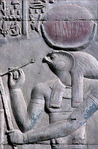 Det gamle Egypten, Vægmaleri/ristning, Horus skriver på papyrusrulle, Sebek og Horus-templet, Kom Ombo (foto) af School Egyptian