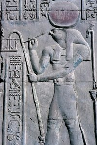 Det gamle Egypten, Vægmaleri/udskæring, Horus skriver på papyrusrulle, Sebek- og Horustemplet, Kom Ombo (foto) af School Egyptian