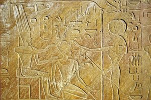Det gamle Egypten, Vægmaleri/udskæring, Sakhmet henvender sig til Amon Ra og Hatshepsut, Karnak-templet, Luxor af School Egyptian