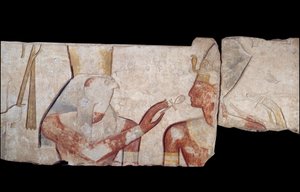 Gammel egyptisk kunst: Kong Ramses II bliver introduceret til guderne Horus, Amon og Hathor, som giver ham liv og kongelige insignier. Lavt kalkstensrelief fra templet Ramses II a Abydos Omkring 1250 f.Kr. 19. dynasti. Nyt imperium. Paris, Musée du Louvre af School Egyptian