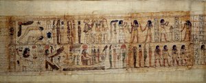 Antik egyptisk kunst Mytologisk Papyrus af Serimen. På toppen: under verdens skabelse er guden Geb (Jorden) adskilt fra gudinden Nout (himlen); guder og genier fra nu af. Nedenfor: Serimen hylder solen, der flyder over med sin ra af School Egyptian