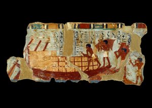 Gammel egyptisk kunst: lastning af korn på et bådmaleri på silt fra Ounous grav (1450 f.Kr.). af School Egyptian