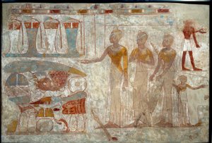 Gammel egyptisk kunst: musikere ved en banket. Maleri på silt (omkring 1400 f.Kr.). af School Egyptian