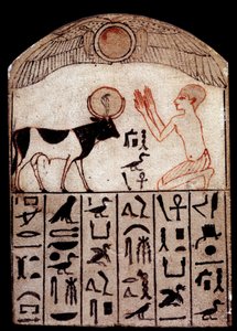 Oldtidskunst: Serapeum stele (malet kalksten). Tilbedelse af Gud Apis. Malet kalkstensskulptur, lav periode (664-332 f.Kr.), Egypten. Paris, Musée du Louvre af School Egyptian