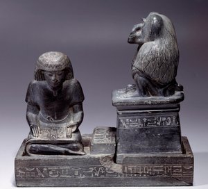 Egyptian Antiquitis: Skriveren Nebmertouf og aben Thot, skriftens gud og skriftlærdes protektor. Skiferskulptur. Regne af Amenophis III (1391-1353) af School Egyptian