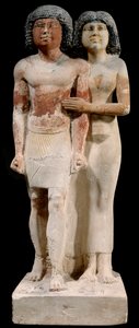 Egyptisk antikvitet: Kalkstensstatue af parret Raherka og Meresankh. 5. dynasti. Gamle imperium (omkring 2700-2200 f.Kr.). Søn 0,52x0,21 m Paris, museum du Louvre af School Egyptian