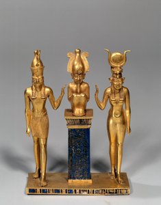 Egyptisk antikvitet: Osirisk triade i navnet Osorkon (Osiris omgiver af Isis og Horus. Guldvedhæng og lapis lazuli (lapis lazuli). 22. dynasti, lavperiode. Paris, Louvre-museet