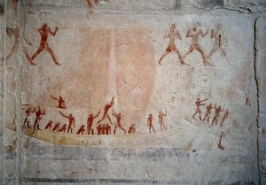 Egyptisk antikvitet: en sejlbåd. Kalkstensrelief fra Kapellet i Mastaba af Akhethetep i Saqqara. 5. dynasti (omkring 2500-2350 f.Kr.) 2300 f.Kr. Paris, Louvre-museet af School Egyptian