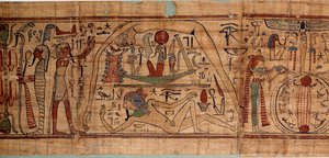 Egyptisk antik allegori af kosmos: mytologisk papyrus af Neskapashouty, regnskabsskriver af korn, der repræsenterer kosmogoni, med Geb, Nout, Nephtys, Osiris. 1070-664 f.Kr. 21. dynasti. Søn 2,7x0,27 m Paris, museum du Louvre af School Egyptian