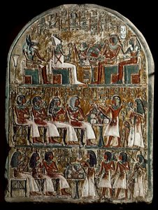 Egyptisk antikvitet: stele af Irynefer, ovenpå guderne Osiris og Anubis overfor Amenophis I og Ahmes Nefertari diviniser; i Irynefer center giver hans kone Mehytkhaty og deres datter Hathor begravelsesofferet til deres forældre, i bunden Hathor voksen af School Egyptian