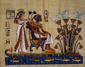 Egyptisk antiquitis: "" faraoen og hans kone i papyrusen"" Papyrus, New Empire