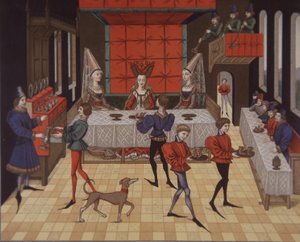 15. århundrede middelalderlige aristokratiske damer serveret middag (farve litho) af School English
