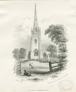 Clifton Campville Church: litografi (vignetteret) af School English