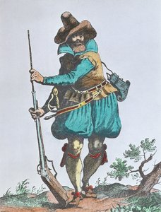 Tysk soldat fra det tidlige 17. århundrede, bevæbnet med matchlock-musket (farvegravering)