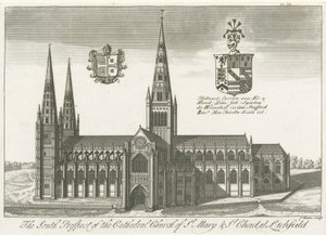 Lichfield Cathedral - South View: gravering og [?begyndelsen af det 18. århundrede] (tryk) af School English