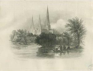 Lichfield Cathedral - South West View: gravering (vignetteret), nd [c 1842] (print) af School English