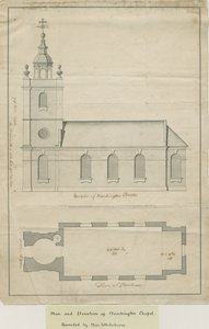 Marchington Church - Udvendig elevation og indvendig plan: pentegning, nd [midten af det 18. århundrede] (tegning) af School English