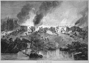 New England hvide bosættere angriber Pequot indiske fort under Pequot-krigen i 1637 (gravering)