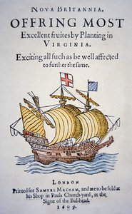 Pjece, der opfordrer kolonister til at tage til Virginia i Amerika, udgivet i 1609 (farve litho) af School English