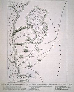 Plan for nederlaget for den amerikanske flåde ved Champlain-søen (litho) af School English