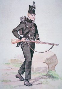 Menig fra 95th Rifles, ca. 1810, bevæbnet med Baker Rifle, designet af Ezekiel Baker fra London (farve litho)