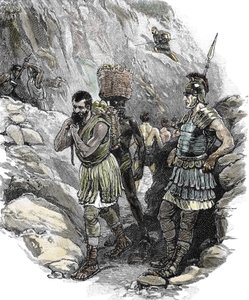 Romersk legionær overvåger angelsaksiske arbejdere i en tinmine, England 50 e.v.t. (print) af School English