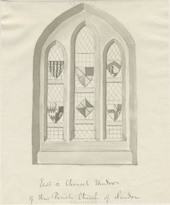 Sandon Church - East window of Chancel: sepia vask tegning, nd [?18th cent] (tegning) af School English