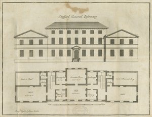 Stafford - County General Infirmary: pennetegning, nd [slutningen af det 18. århundrede] (tegning) af School English